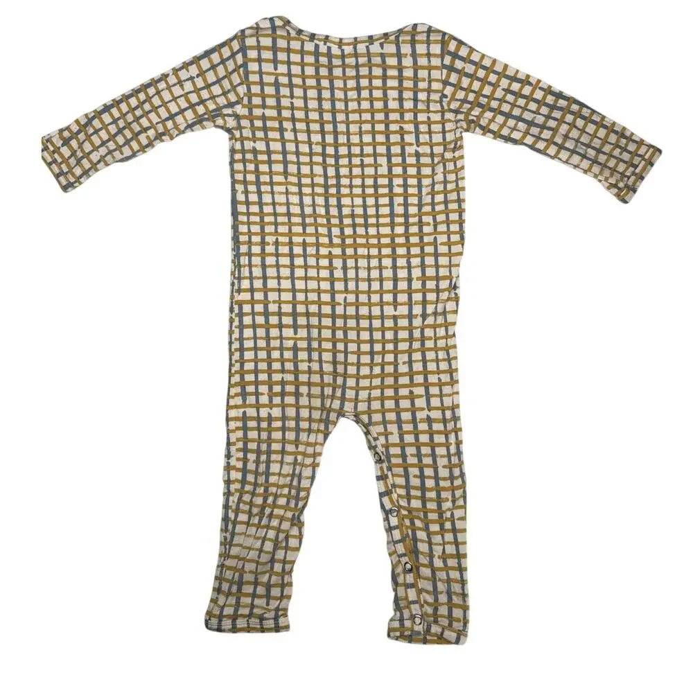 Spearmint Love Bamboo Gingham Romper Jumpsuit in blue yellow beige size 12-18m